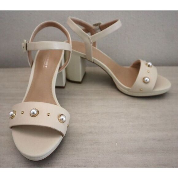 Rockport Shoes - Rockport Women's Sz 5.5 Vanilla Leather Pearl Tabitha 2-Strap Heeled Sandal